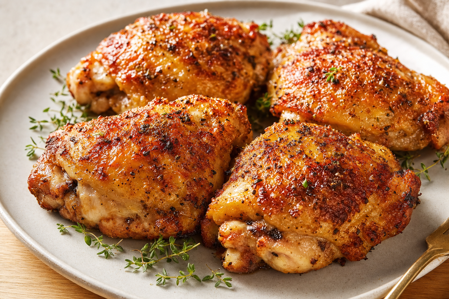 Air-fried Air Fryer Chicken Thighs (Crispy Skin, Juicy), plated and ready to serve