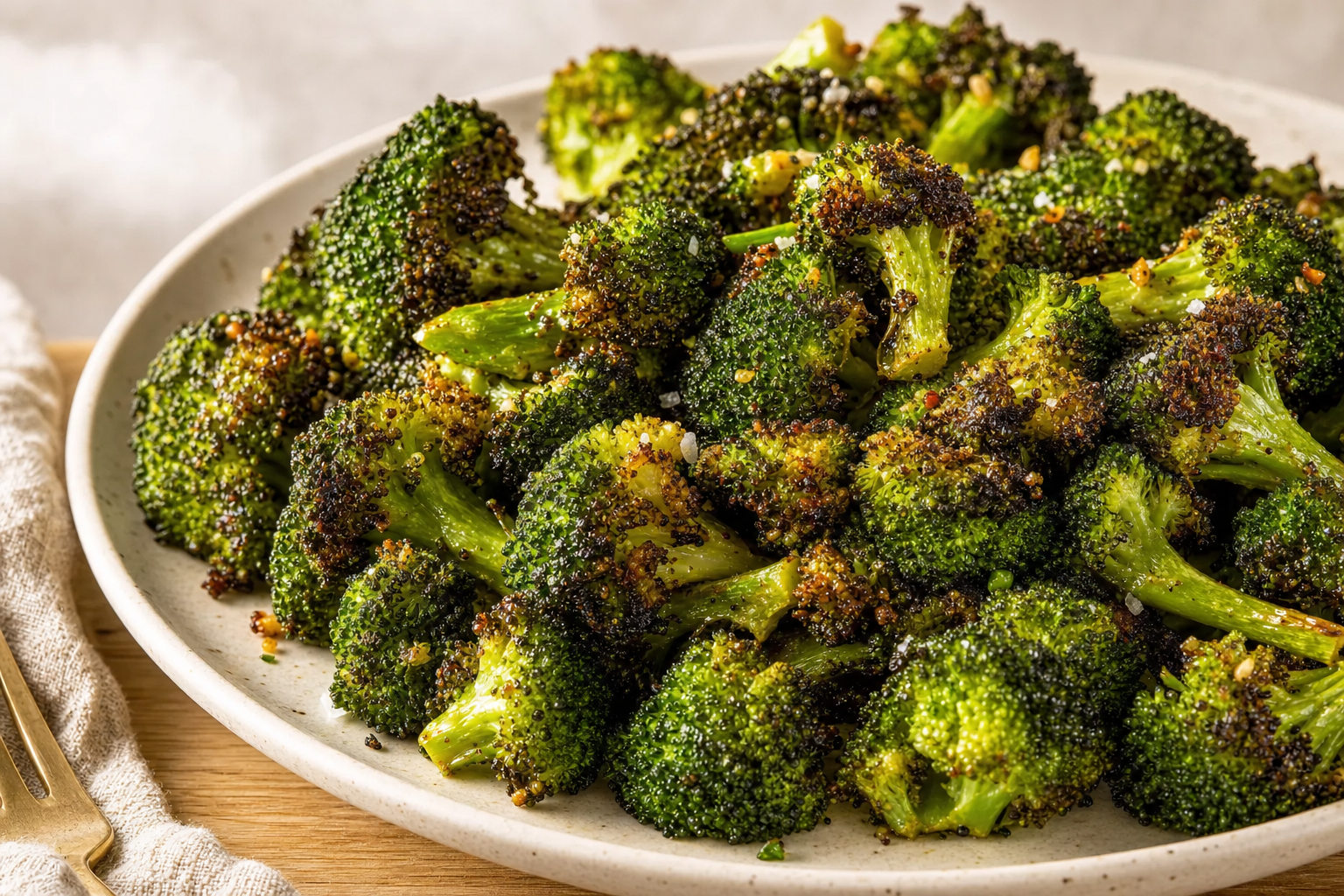 Air-fried Air Fryer Broccoli (Crispy, Charred, 10 Minutes), plated and ready to serve
