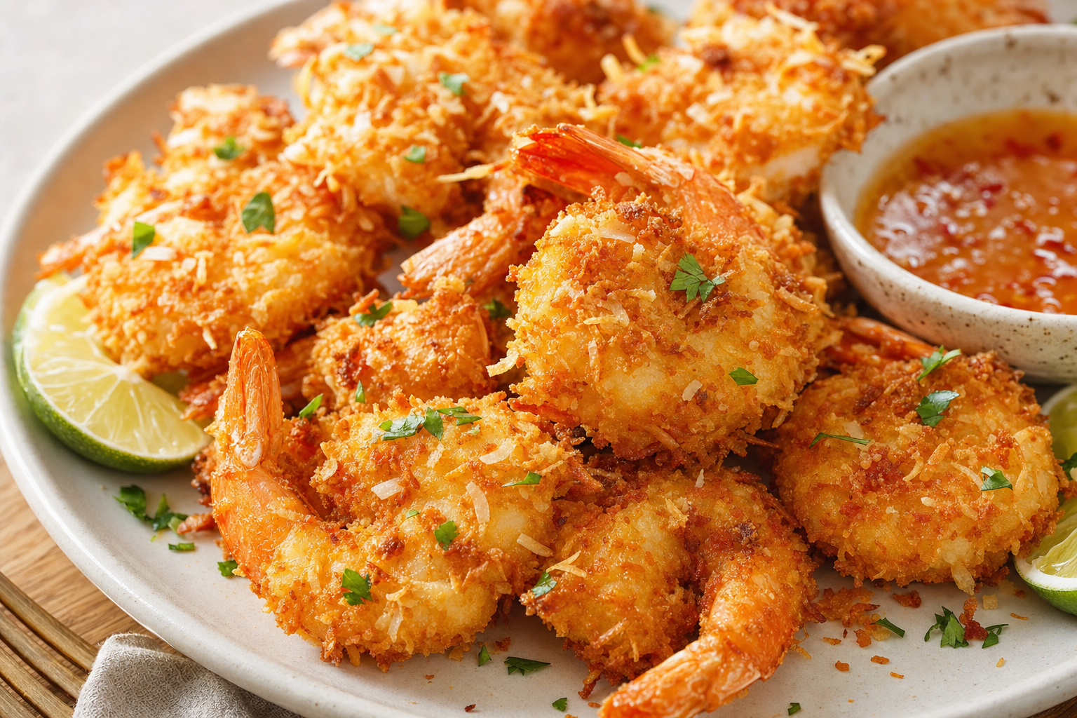 Air-fried Air Fryer Coconut Shrimp (Crispy, No Deep Fryer), plated and ready to serve