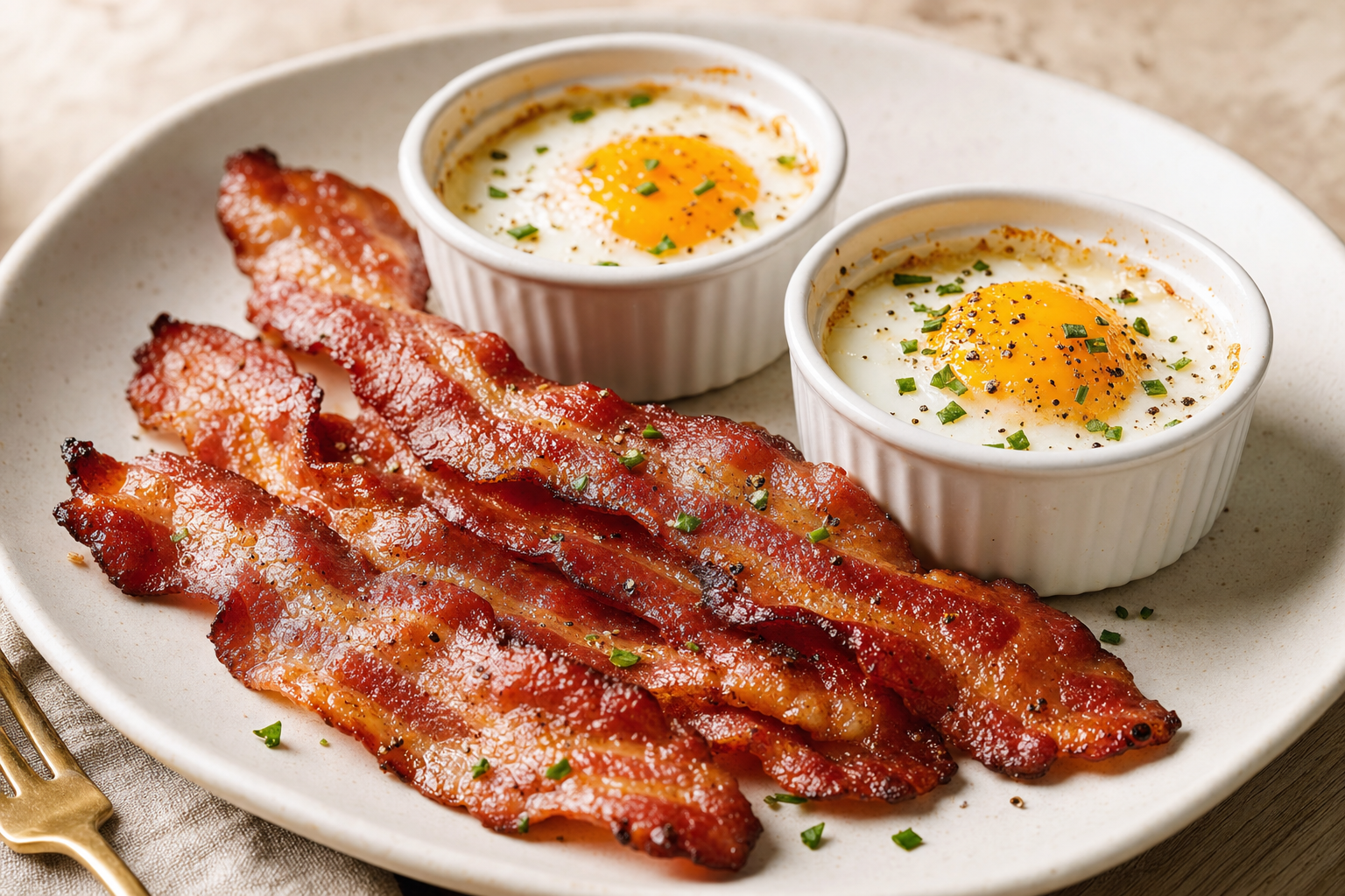 Air-fried Air Fryer Bacon and Eggs Breakfast, plated and ready to serve