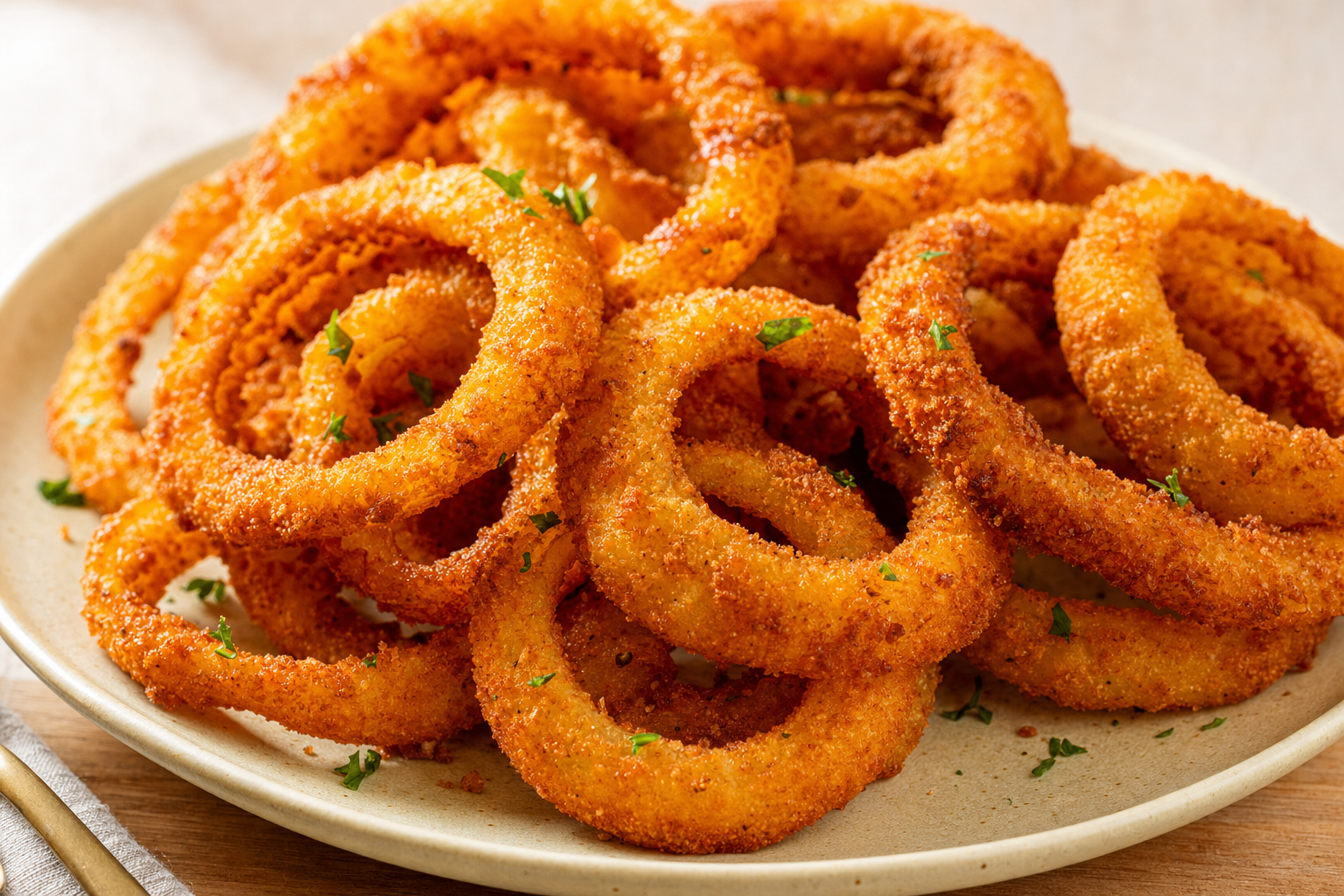 Air-fried Air Fryer Frozen Onion Rings (Extra Crispy), plated and ready to serve