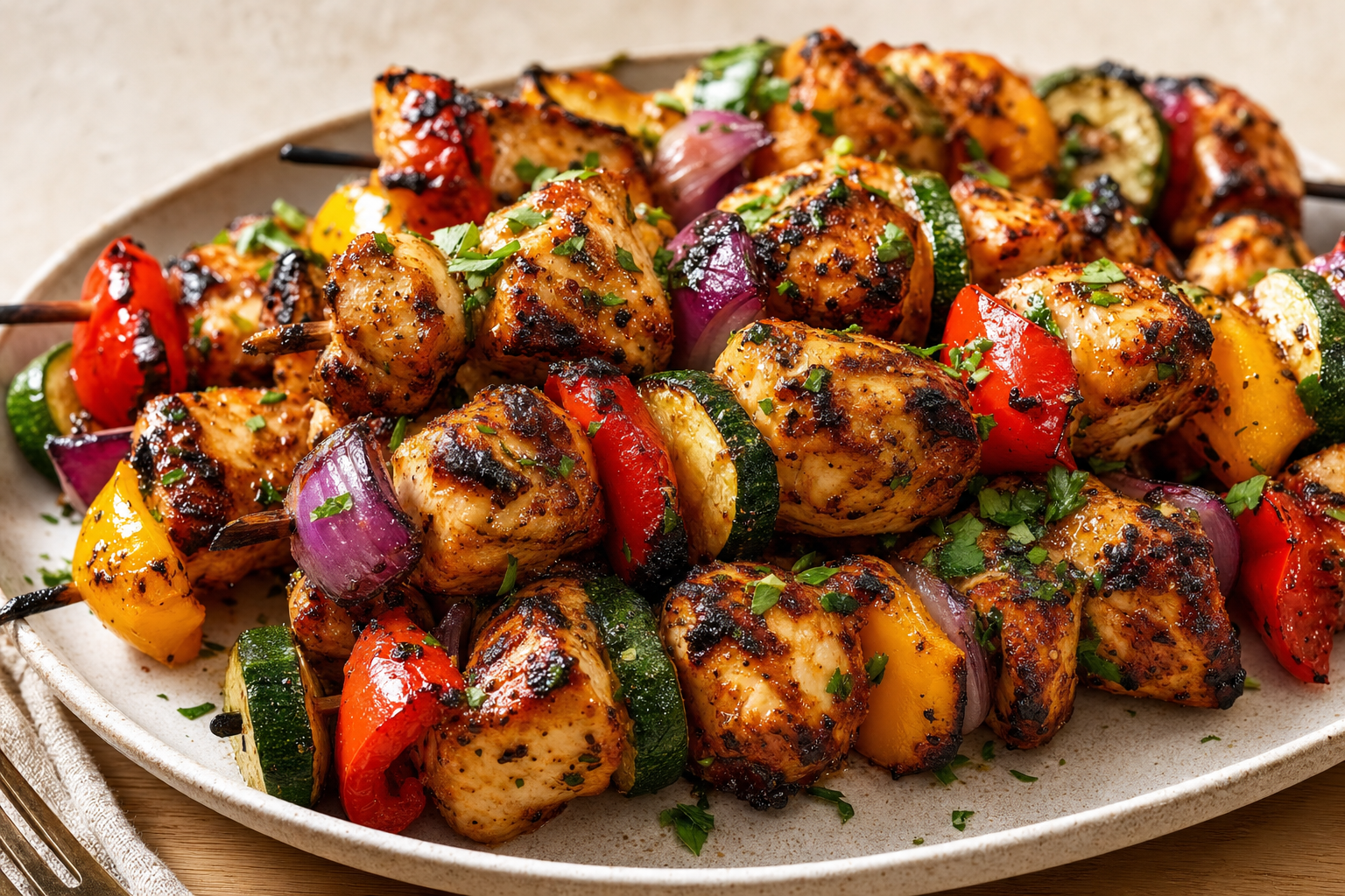 Air-fried Air Fryer Chicken Kabobs (Charred, No Grill), plated and ready to serve