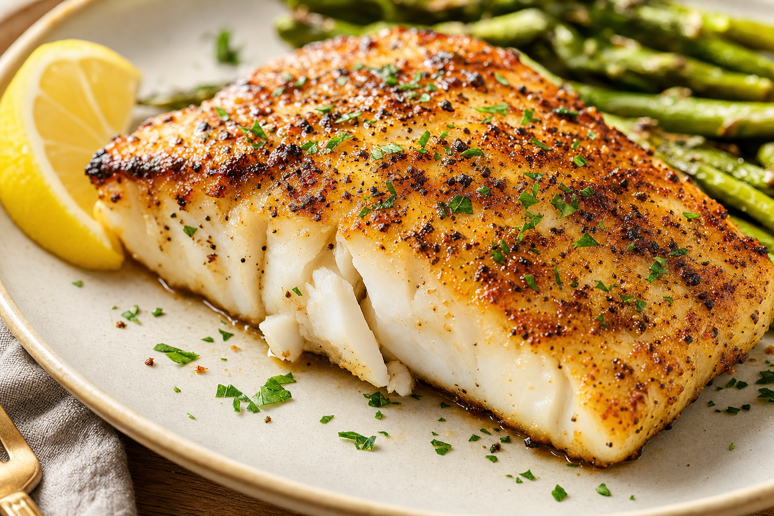 Air-fried Air Fryer Halibut (Moist, Flaky, 12 Minutes), plated and ready to serve