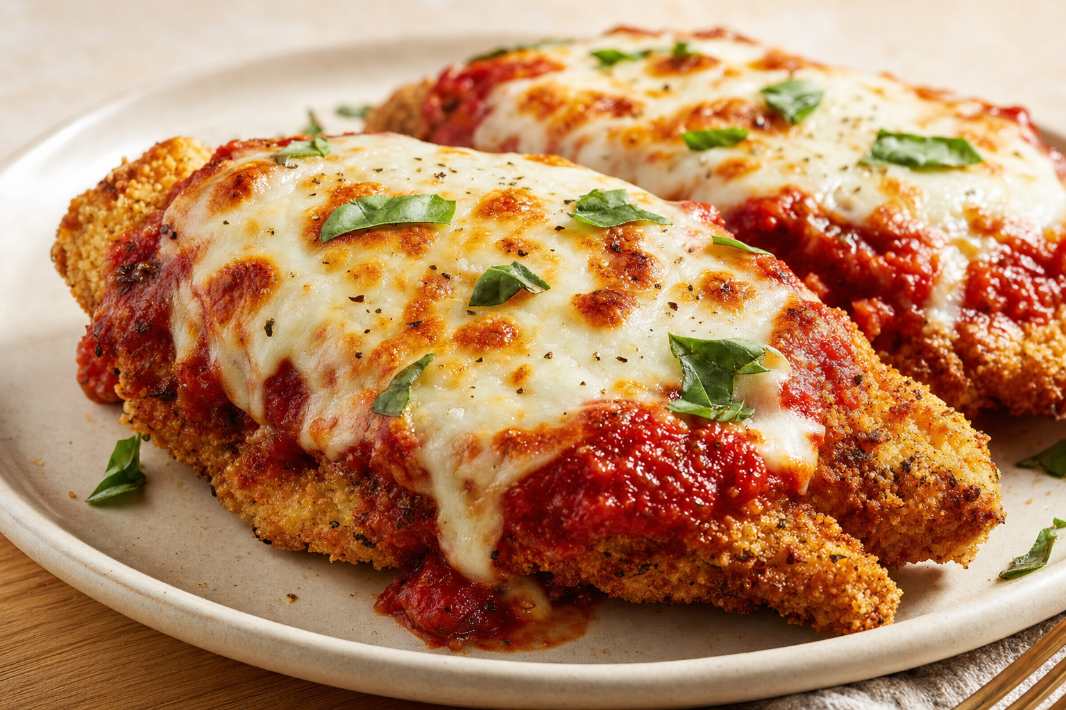 Air-fried Air Fryer Chicken Parmesan (Crispy & Easy), plated and ready to serve