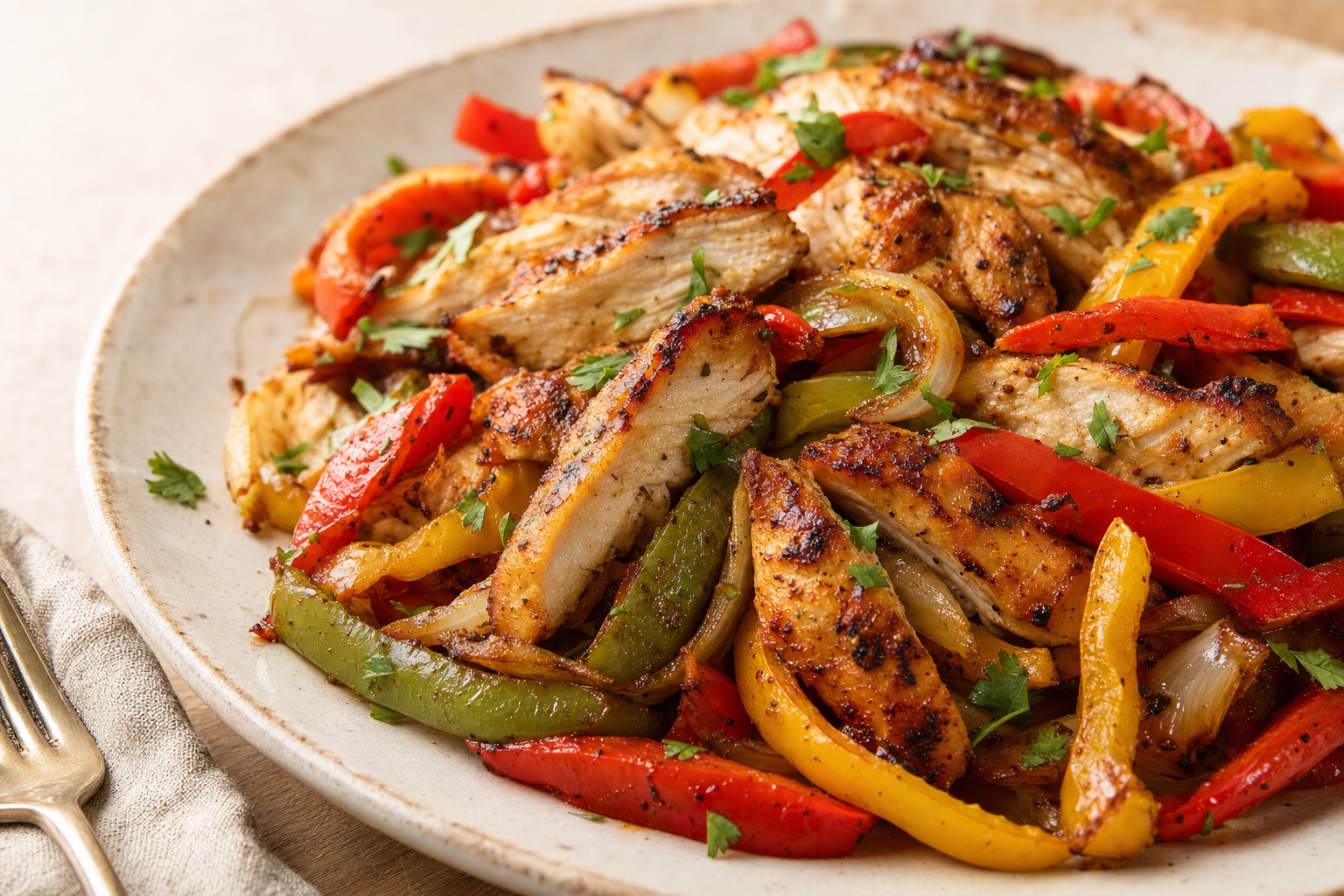 Air-fried Air Fryer Chicken Fajitas (15 Minutes), plated and ready to serve