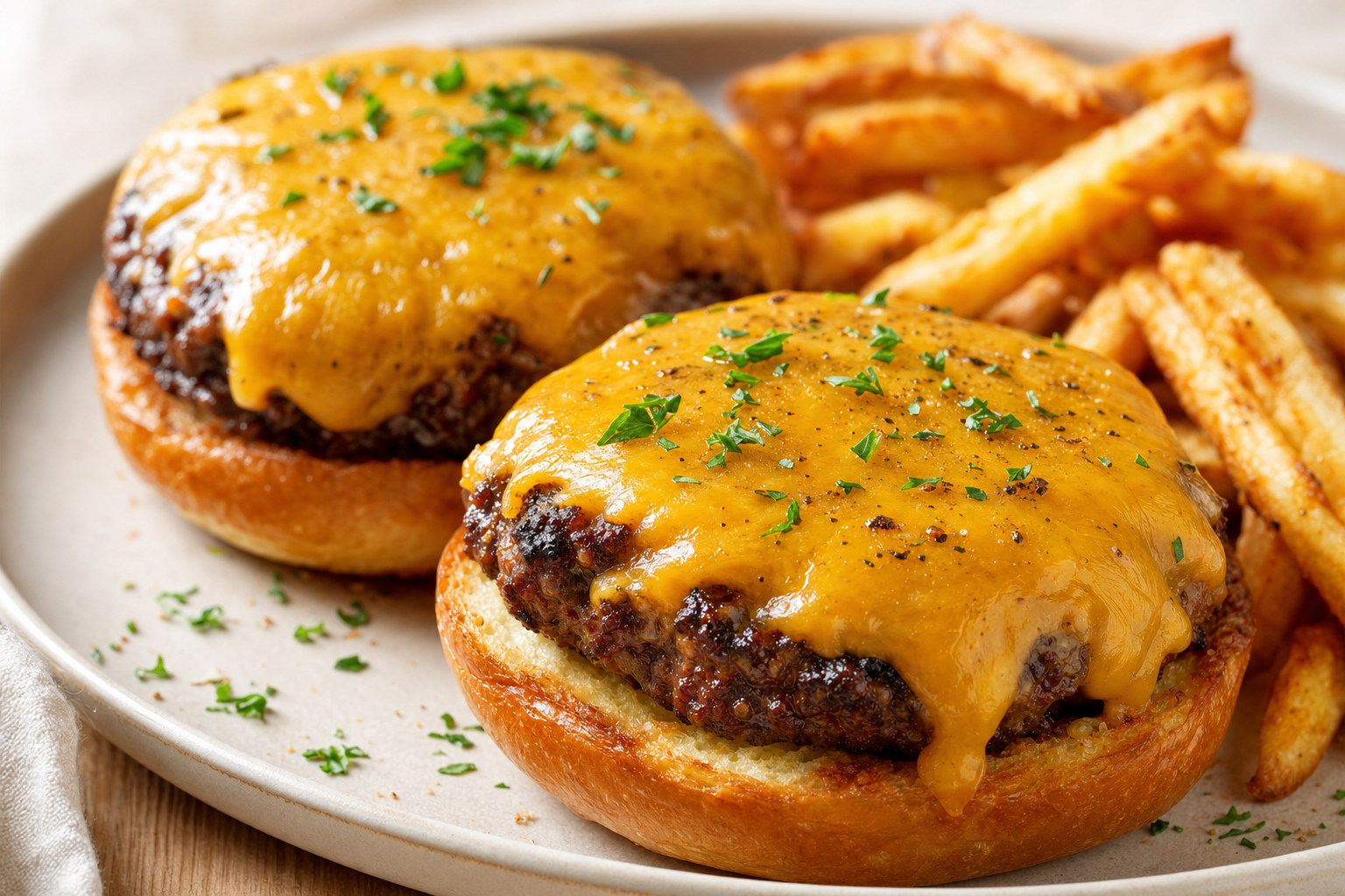 Air-fried Air Fryer Hamburgers (Juicy, Cheesy, 10 Minutes), plated and ready to serve