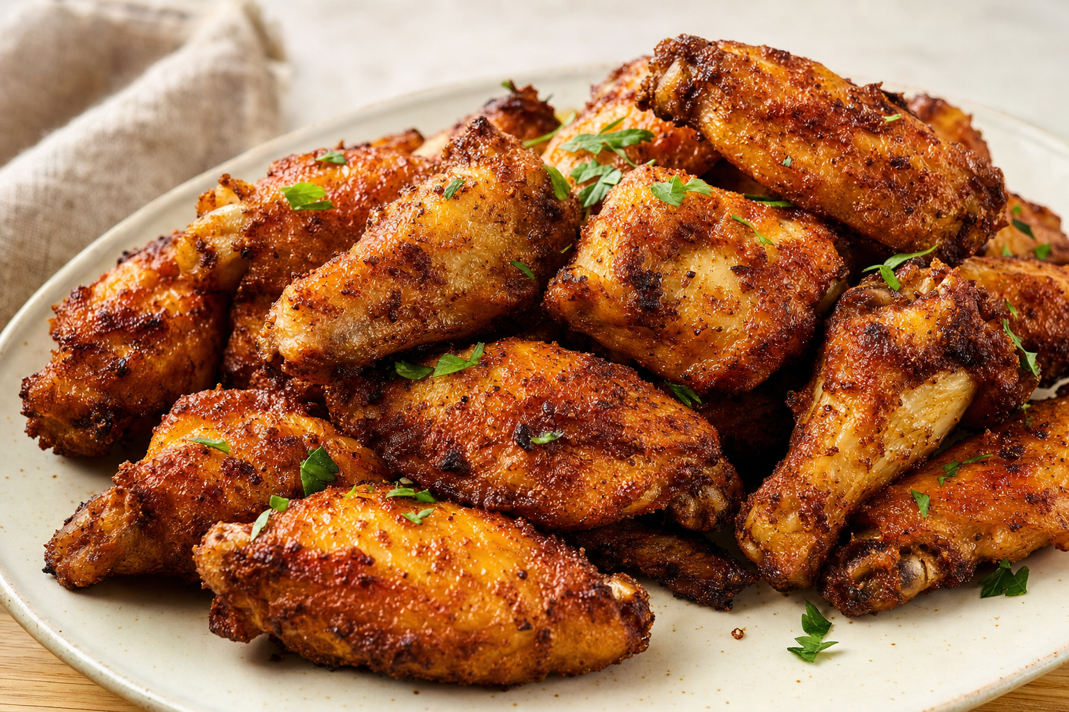 Air-fried Extra-Crispy Air Fryer Chicken Wings, plated and ready to serve