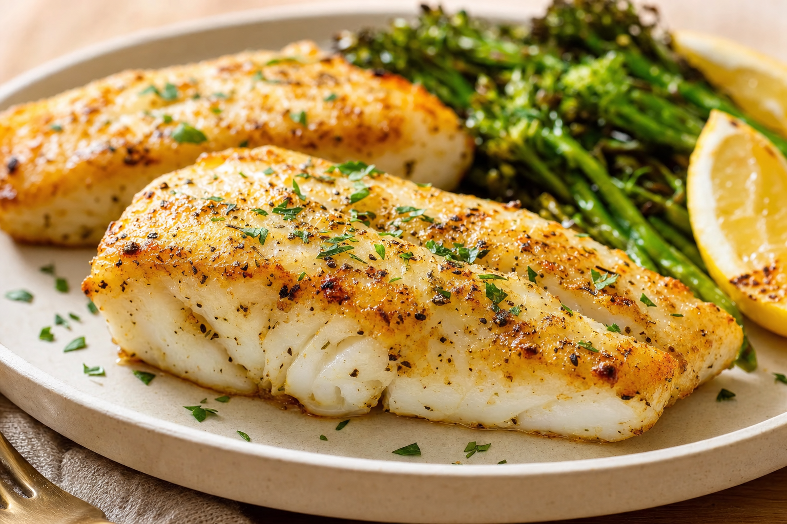Air-fried Air Fryer Cod Fillets (Flaky, 10 Minutes), plated and ready to serve