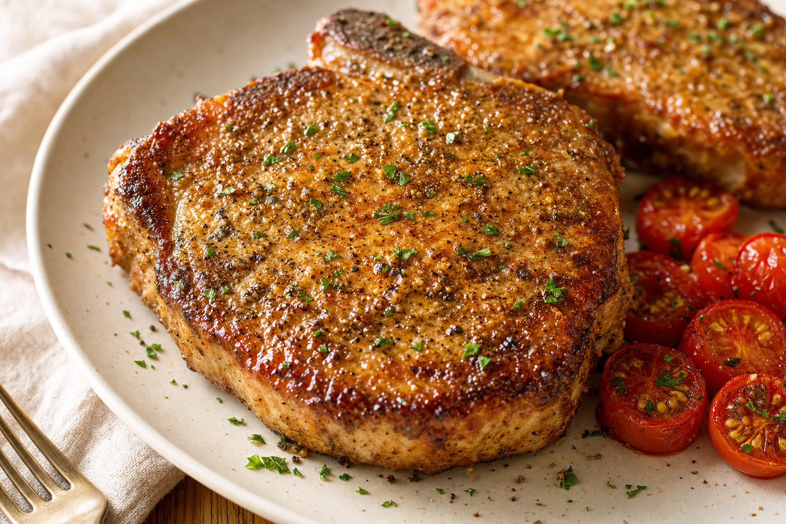 Air-fried Air Fryer Pork Chops (Bone-In or Boneless), plated and ready to serve